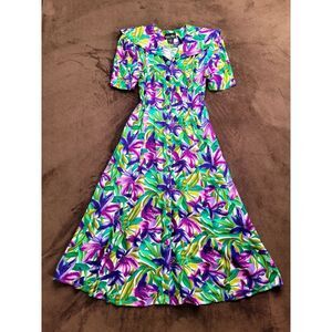 Vintage 90 Erikas Place Green Purple Floral Button Summer Midi Dress 60s Style S